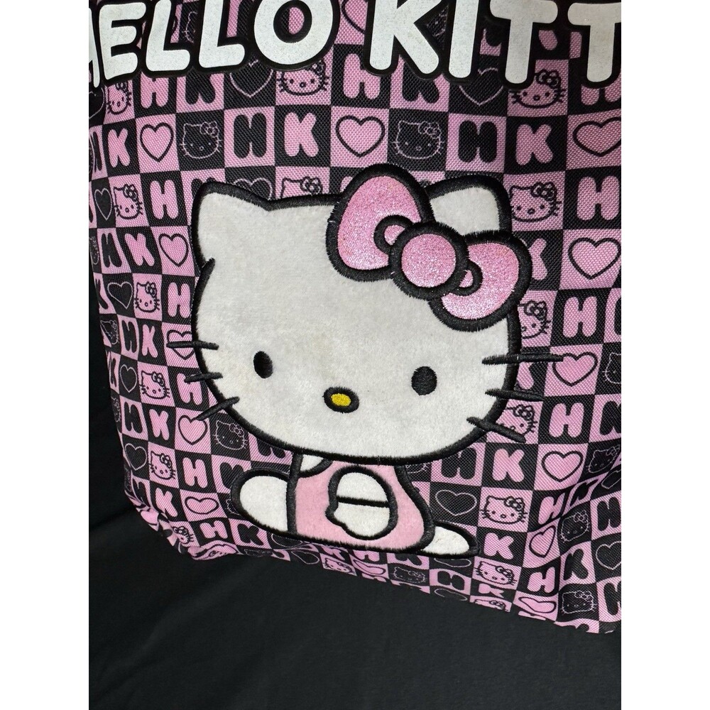 2012 Sanrio Hello Kitty Pink Black Checkered HK Hearts Tote Bag - Kawaii Embroid - Picture 5 of 11